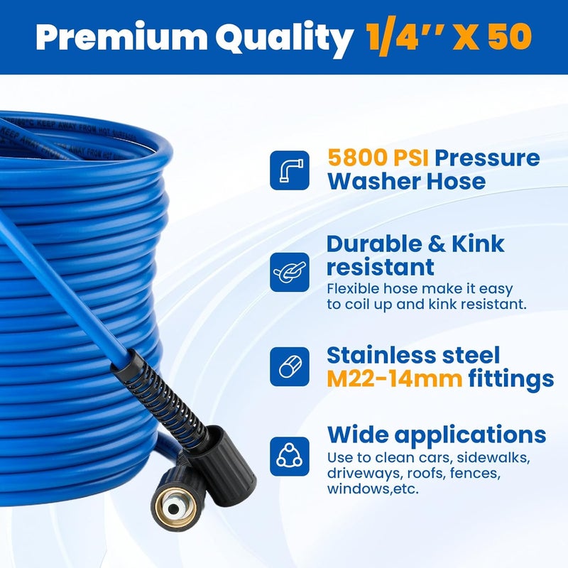 Twinkle Star Super Flexible Pressure Washer Hose 50ft, 5800 PSI Kink Resistant Power Washer Hose 1/4 in., Replacement Power Wash Hose with Stainless Steel M22 and 3/8" Quick Connection Kit - Image 3